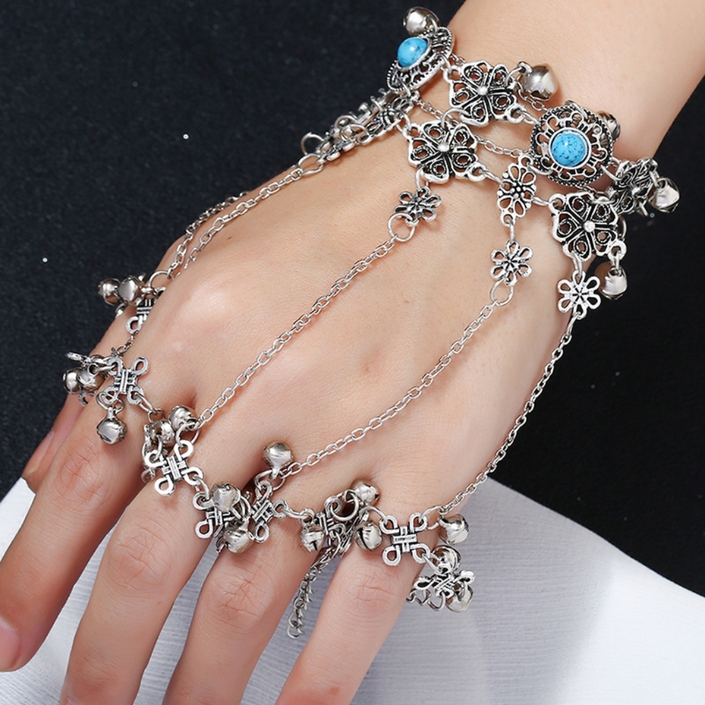 BOHO CARVED FLOWER HAND AND FINGER BELL BRACELET